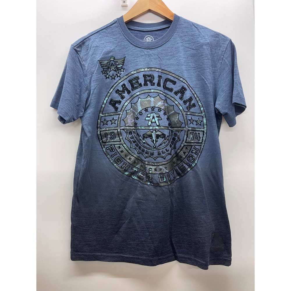 American Fighter Mens Blue Ombre Slub Graphic T-Shirt Foil Logo Medium